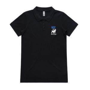 Front view of a navy women’s polo shirt with printed WDC 2025 New Zealand logo on the left chest. Title: WDC-Ladies-Polo