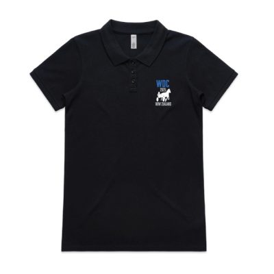Front view of a navy women’s polo shirt with printed WDC 2025 New Zealand logo on the left chest. Title: WDC-Ladies-Polo