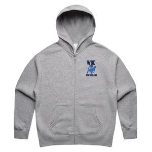 Flat lay of a light grey women’s full-zip hoodie with kangaroo pocket and a small printed WDC 2025 New Zealand logo on the left chest.