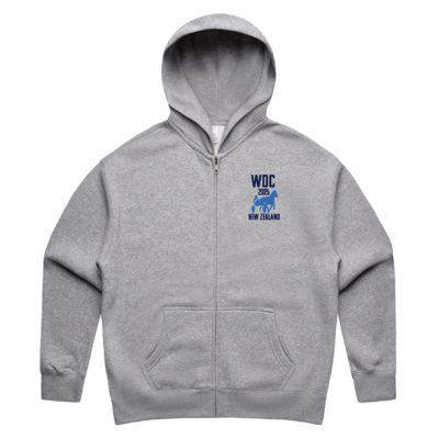 Flat lay of a light grey women’s full-zip hoodie with kangaroo pocket and a small printed WDC 2025 New Zealand logo on the left chest.