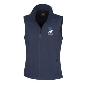 Front view of a navy women’s softshell vest with printed WDC 2025 New Zealand logo on the left chest.