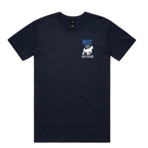 Front view of a navy men’s crew neck t-shirt with the WDC 2025 New Zealand logo printed in white on the left chest.