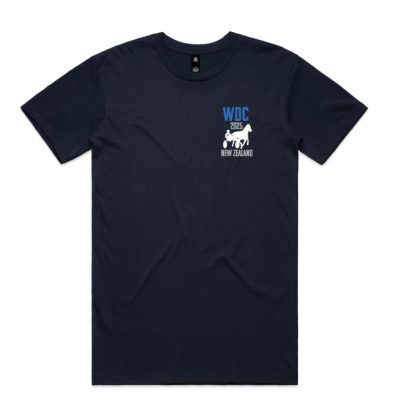 Front view of a navy men’s crew neck t-shirt with the WDC 2025 New Zealand logo printed in white on the left chest.