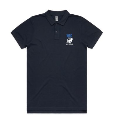 Front view of a men’s navy polo shirt made from premium cotton pique, featuring the embroidered WDC 2025 New Zealand logo on the left chest.