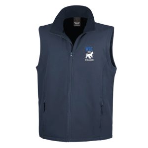 Men’s navy softshell vest with embroidered WDC 2025 New Zealand logo on the chest.