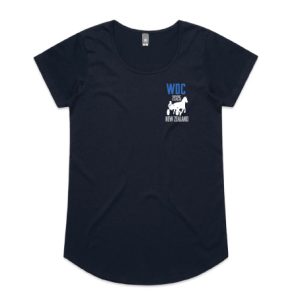 Flat lay of a navy women’s scoop neck t-shirt with short capped sleeves and a small printed WDC 2025 New Zealand logo on the left chest.