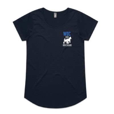 Flat lay of a navy women’s scoop neck t-shirt with short capped sleeves and a small printed WDC 2025 New Zealand logo on the left chest.